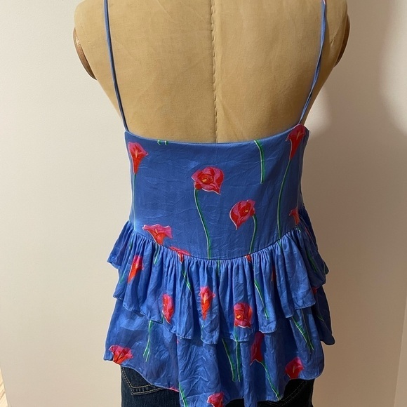 Caroline Constas Silk Top Med Softgirl Nadine Ruffle Floral Tank Print Blue - Picture 3 of 13